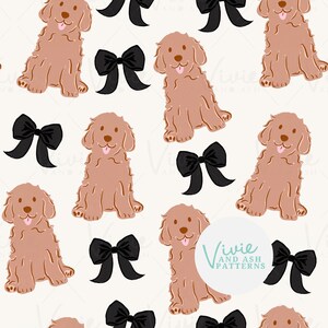 Cucciolo di Goldendoodle e fiocchi neri motivo ripetuto senza soluzione di continuità, file digitale per uso commerciale, carta digitale