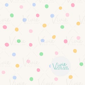 Puede incluir: Un patrón sin costuras con puntos de colores pastel sobre un fondo blanco. Los colores son azul claro, verde claro, rosa claro y amarillo.