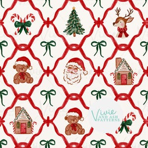 Reticolo natalizio senza soluzione di continuità con Babbo Natale rosso e verde, renne, pan di zenzero, fiocchi, bastoncini di zucchero, orsacchiotti, ripetizione senza soluzione di continuità per uso commerciale