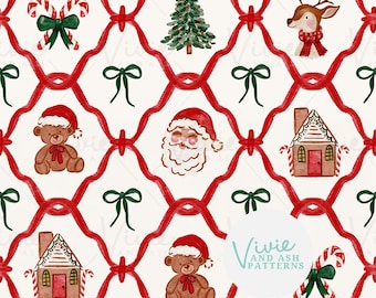 Red and Green Santa Trellis Christmas Seamless pattern, Reindeer, Gingerbread, Bows, Candy Cane, Teddy Bears, Seamless Repeat Commercial Use