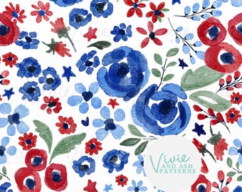 Red White Blue Floral Watercolor Pattern by VivieAndAsh: 4th of July (Digital)