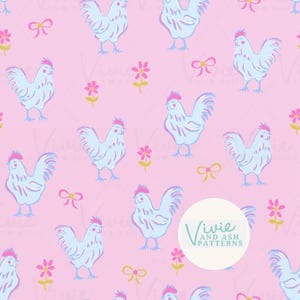Pink and Blue Chicken Seamless Repeating Pattern, Pink and Blue Bow Pattern File, Spring Digital File for Commercial Use, Digital Paper