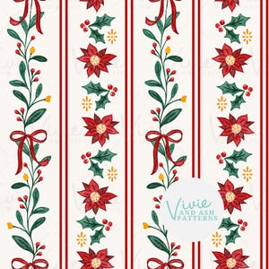 Motif sans couture de rayures florales de Noël rouge vert, utilisation commerciale de répétition sans couture de Noël de noeud de poinsettia