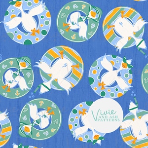 May include: A seamless pattern featuring white geese wearing goggles and life preservers with nautical designs. The geese are floating on a blue background with white dots. The pattern is perfect for fabric, wallpaper, or wrapping paper.