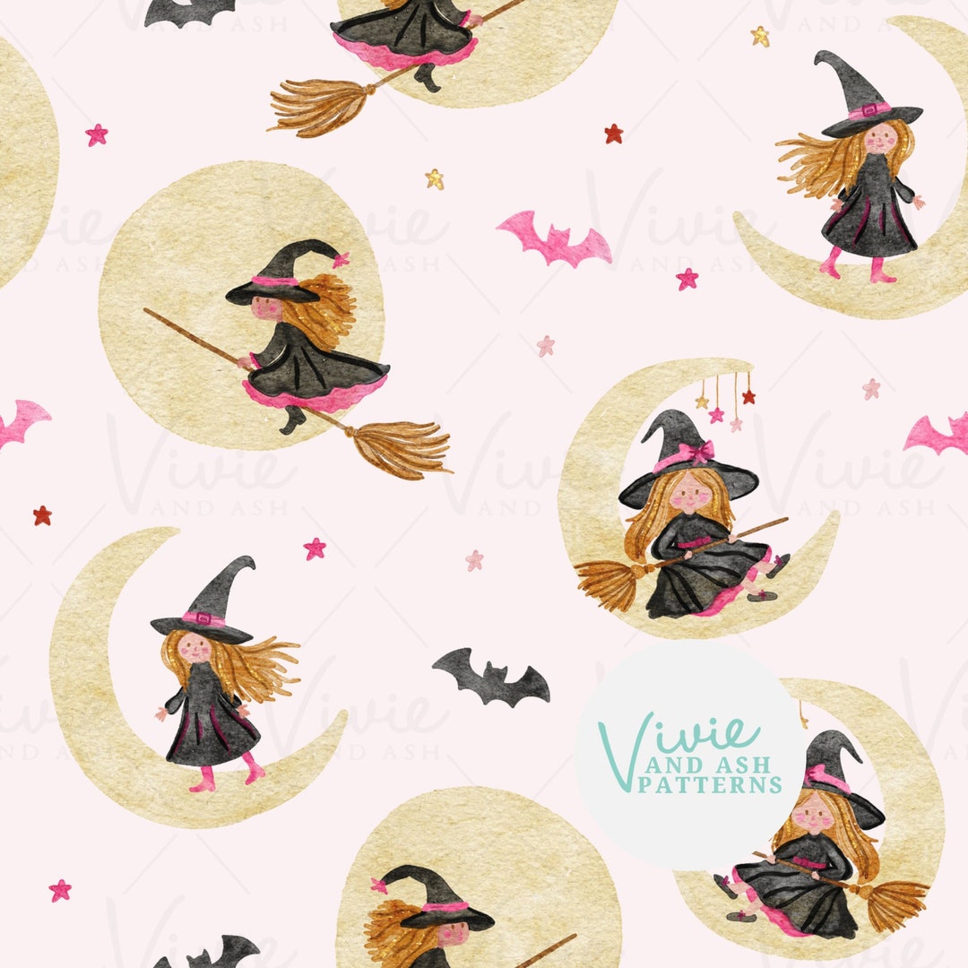 Silly Witch Pattern Cute Halloween Witch and Moon Seamless Pattern, Girl Witch Seamless ...