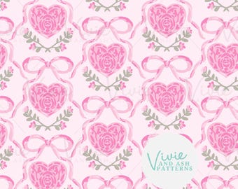 Pink Valentine Hearts and Bows Seamless Pattern by VivieAndAsh (Digital File)
