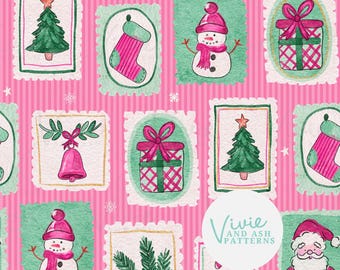 May include: A repeating pattern of Christmas-themed postage stamps on a pink striped background. The stamps feature a Christmas tree, snowman, gift, stocking, and bell. The stamps are outlined in gold and green.