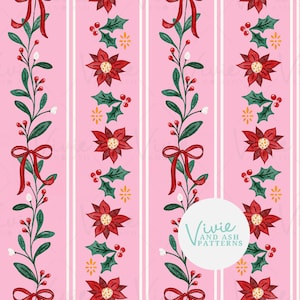 Motif sans couture de rayures florales de Noël et de vert rouge, utilisation commerciale de répétition sans couture de Noël avec noeud de poinsettia