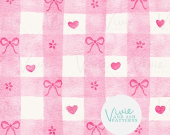 Pink Watercolor Valentine Gingham Seamless Pattern with Hearts and Bows by VivieAndAsh (Digital File)