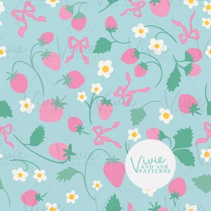 Blue and Pink Strawberries and Bows Seamless Repeating Pattern, Seamless Pattern File, Summer Digital File, Digital Paper