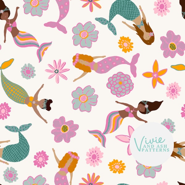 Mermaid Seamless Pattern File, Tropical Floral Repeating Summer Seamless Pattern, Mermaid Fabric File Digital File for Commercial Use