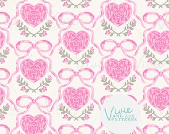 Pink Valentine Hearts and Bows Seamless Pattern (Digital File)