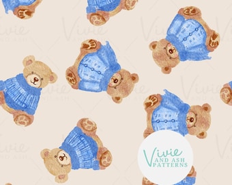 May include: A seamless pattern featuring watercolor illustrations of brown teddy bears wearing blue and white plaid sweaters. The background is a light beige color.