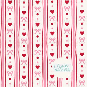 Pink Valentine Heart Bow Stripe Seamless Repeating Pattern, Pink and Red Pattern File, Digital File for Commercial Use, Digital Paper