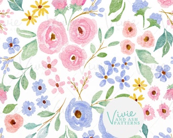Watercolor Floral Seamless Repeating Pattern, Spring Seamless Floral Pattern, Pink and Blue Digital Floral File for Commercial Use