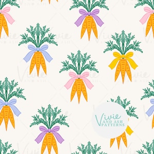 Könnte beinhalten: Ein sich wiederholendes Muster aus illustrierten Karotten mit grünen Spitzen und orangefarbenen Körpern, gebunden mit pastellfarbenen Schleifen in Rosa, Lila, Blau und Gelb. Das Design ist vor einem cremefarbenen Hintergrund angeordnet. Der Text "Vivie and Ash Patterns" befindet sich in einem weißen Kreis.