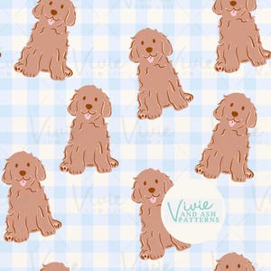 Cucciolo di Goldendoodle e motivo a quadretti blu a quadretti ripetuti senza soluzione di continuità, file digitale per uso commerciale, carta digitale