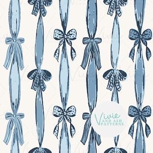 May include: A seamless pattern featuring blue ribbons tied in bows with white polka dots. The ribbons are arranged vertically and are slightly faded in appearance. The background is white. The text "Vivie and Ash Patterns" is in a circle at the bottom of the image.
