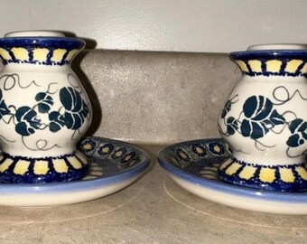 Boleslawiec UNIKAT Polish Pottery Fingertip Kerzenhalter, Paar Vintage