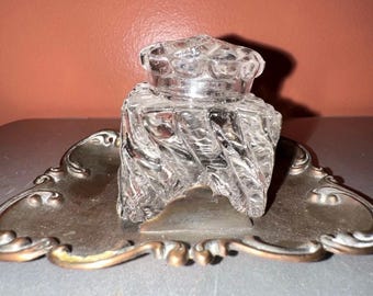Antikes Fostoria Cascade Glas Tintenfass & Metall Native American Kopfschmuck Halter