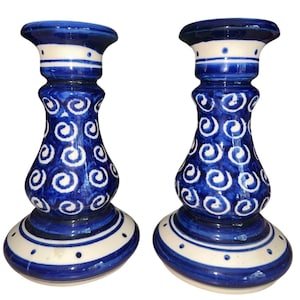 Polish Pottery Boleslawiec Blue Swirl Polka Dot Candlestick Holders Pair Poland