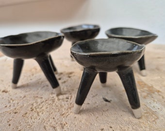 Eclectic Black Satin Tripod Pinch Pot Trio - Dipping Sauce Condiment Bowls - Spices Jams Sauces - Tabletop Salt Pepper Holder - Set of 3