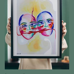 Abstract art print, emotional faces digital download, colorful expressionist wall decor, modern home decor, whimsical watercolor artwork