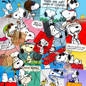 May include: A colourful collage of images featuring the cartoon character Snoopy. The images include Snoopy flying a plane, playing tennis, eating a cookie, and wearing sunglasses. The text in the images includes "Should I, or shouldn't I?", "Eat a cookie?", "These are just warm-up cookies...", "One kiss is worth two judo chops anytime!" and "Cookie Break!"