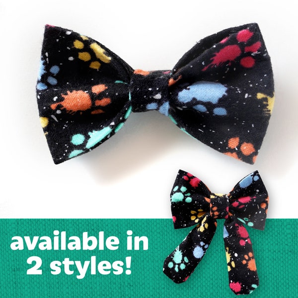 Colorful Paw Print Dog Bow Tie - Black Flannel Fabric - Available in Sailor & Classic Styles - Fun Pet Fashion