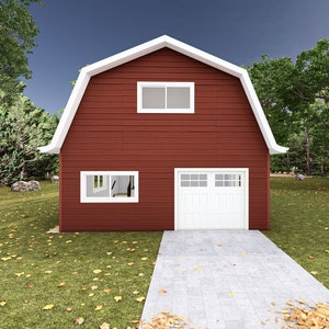 24&#39; x 24&#39; Gambrel Style Garage Studio with Loft - PDF Architectural Plan with Materials List