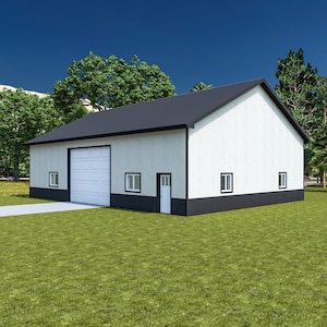 Può includere: Un garage bianco con finiture nere e un grande portone. Il garage ha una porta più piccola sul lato e due finestre sul davanti.