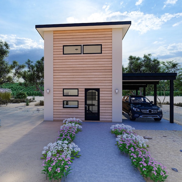 4,7 x 6,2 meter litet hus med ett sovrum - PDF-arkitekturritning med materiallista