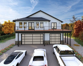 May include: A white modern house with a large deck and three garage doors. The house is surrounded by trees and bushes.