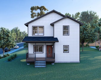 28&#39; x 32&#39; Two Story Three Bedroom Residential House with Home Office - PDF Architectural Plan with Materials List