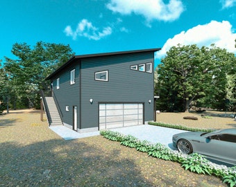 May include: A modern, gray, two-story house with a garage door and a set of stairs leading up to the front door. The house is surrounded by trees and bushes.