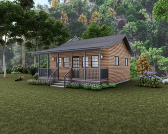 22&#39; x 22&#39; One Bedroom Cabin House - PDF Architectural Plan with Materials List