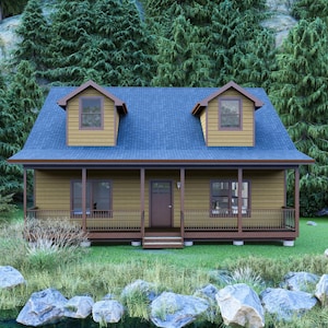 以下が含まれることがあります： 茶色の外壁と青い屋根を持つ小さな木造の小屋。小屋には手すり付きのポーチと中央にドアがあります。小屋は木々と芝生に囲まれています。