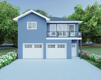 May include: A two-story blue house with a white trim and a balcony on the second floor. The house has a double garage door and a single door on the right side.