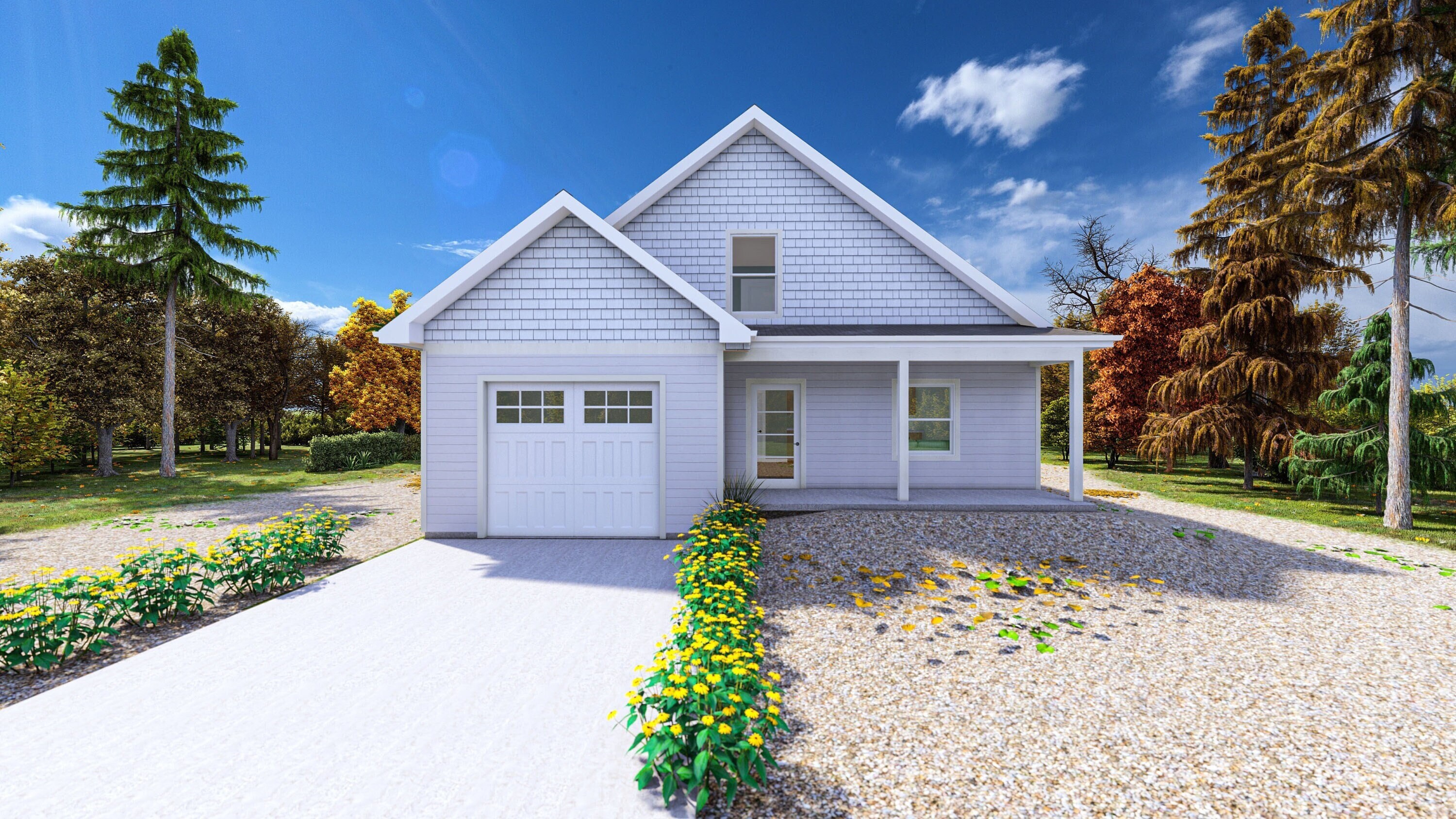 Three Bedroom Cottage House Plan with Garage (PDF Architectural Plan)