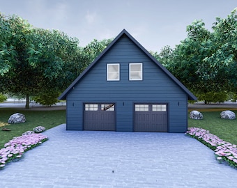 28' x 32' Cape Style garage voor twee auto's met zolder - PDF-architectuurplan met materiaallijst