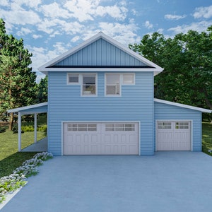 42&#39; x 32&#39; One Bedroom Three Car Garage Apartment with Porch - PDF Architectural Plan with Materials List