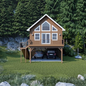 20&#39; x 30&#39; One Bedroom Cabin with Garage and Loft - PDF Architectural Plan with Materials List