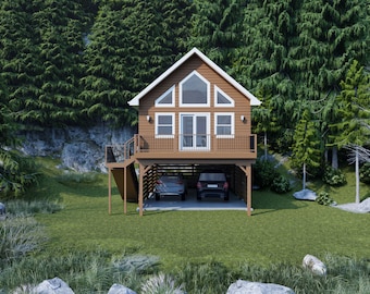 One Bedroom Cabin Plan with Garage and Loft (PDF Architectural Plan)