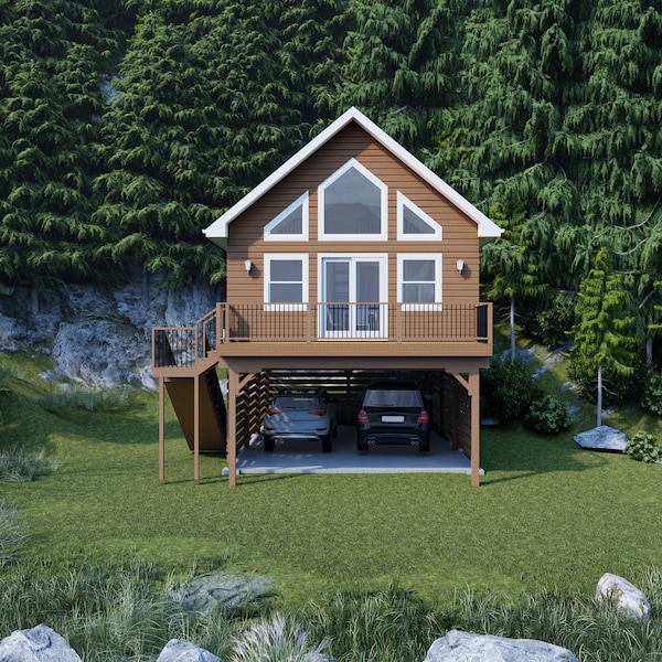 20' x 30' One Bedroom Cabin with Garage and Loft - PDF Architectural Plan with Materials List