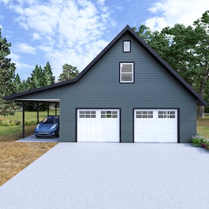 28&#39; x 28&#39; Cape Style Garage with Loft and Carport - PDF Architectural Plan with Materials List