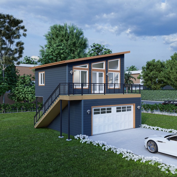 Apartamento estúdio de um quarto com garagem de 22' x 28' - Planta arquitetônica em PDF com lista de materiais