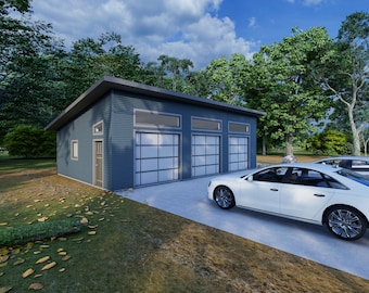 May include: A blue three-car garage with a sloped roof and three windows. Two white cars are parked in front of the garage.