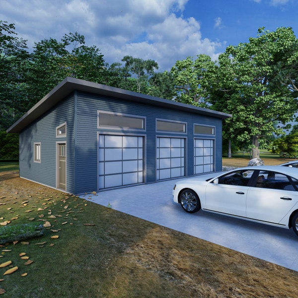 Garage pour trois voitures de style cabanon de 39 pi x 24 pi - Plan architectural PDF avec liste des matériaux