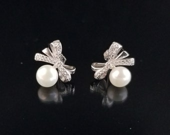 18K gold overlaid 925 Sterling Silver Genuine Pearl Chain Earrings
