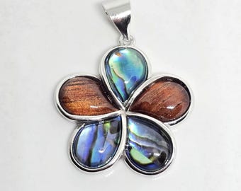 Hawaiian Koa Wood 925 Sterling Silver Plumeria pendant Fine Hawaii Jewelry